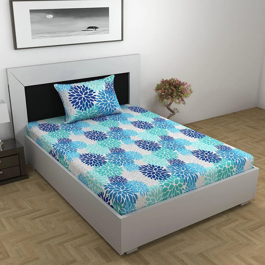 Divine Casa Bedsheet for Single Size Bed 144 TC Cotton Bedsheet for Single Size Bed with 1 Pillow Cover  Floral Blue Colour Aqua