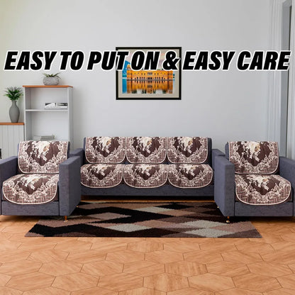 Kuber Industries Velvet Sofa Cover Set 5 Seater With Brown Check Border for Living Room Cream
