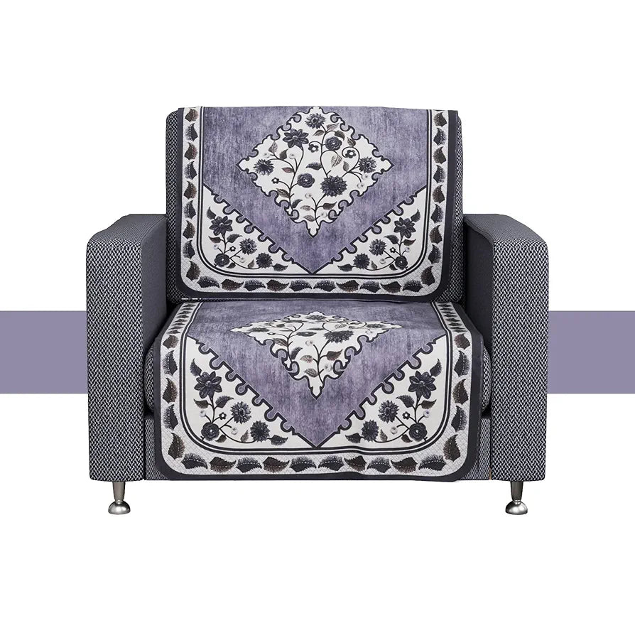Kuber Industries Net Single Seater Sofa Cover Set Flower Digital Triangle Border Print-753 Grey