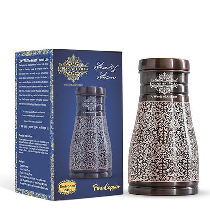 Indian Art Villa Pure Copper Bedroom Water Bottle With Inbuilt Glass Dark Embossed Design