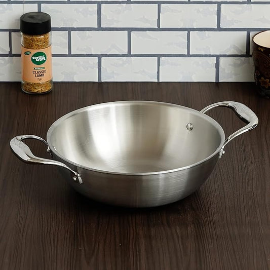Femora Induction Safe, Stain Resistant, Zero Coating Stainless Steel Tri-ply Deep Frying Kadhai Pan | 26 Cm Capacity 3.2 Litres | Silver