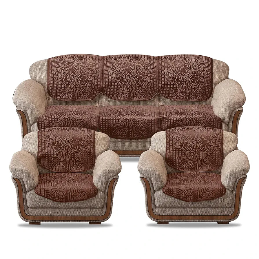 Cloth Fusion Italian Velvet Sofa Cover 5 Seater Set Perfect Floral Embossed Sofa Cover 3 Seater and 2 Seater Brown
