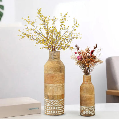 Behoma Boho Engraved Design Wooden Flower Vase Set of 2 Bottle Shape Natural Light Brown Finish Flowers not Included