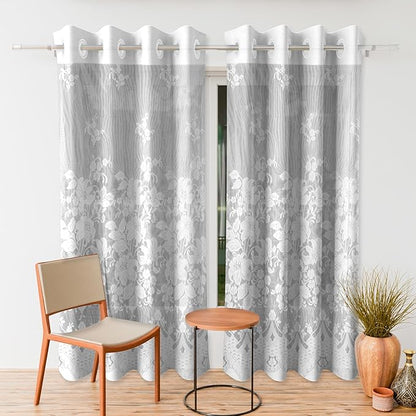 Kuber Industries Cotton Door Curtains with 8 Rings Net Frill Door Curtain SY27 White Colour