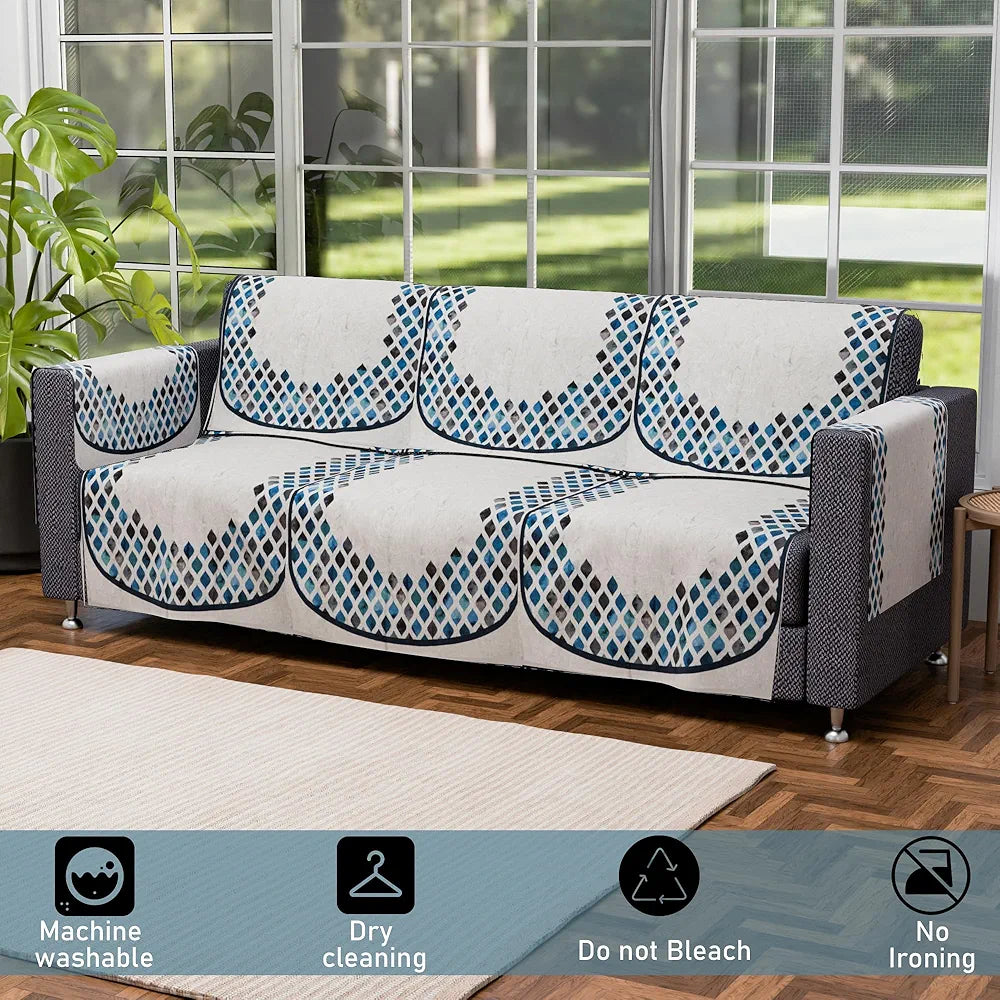Kuber Industries Set of 16 Velvet Anti-Skid Sofa Cover 5-Seater with Arm Cover Dot Border Grey & Blue