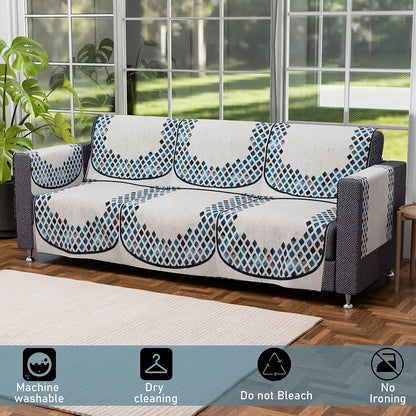 Kuber Industries Set of 16 Velvet Anti-Skid Sofa Cover 5-Seater with Arm Cover Dot Border Grey & Blue