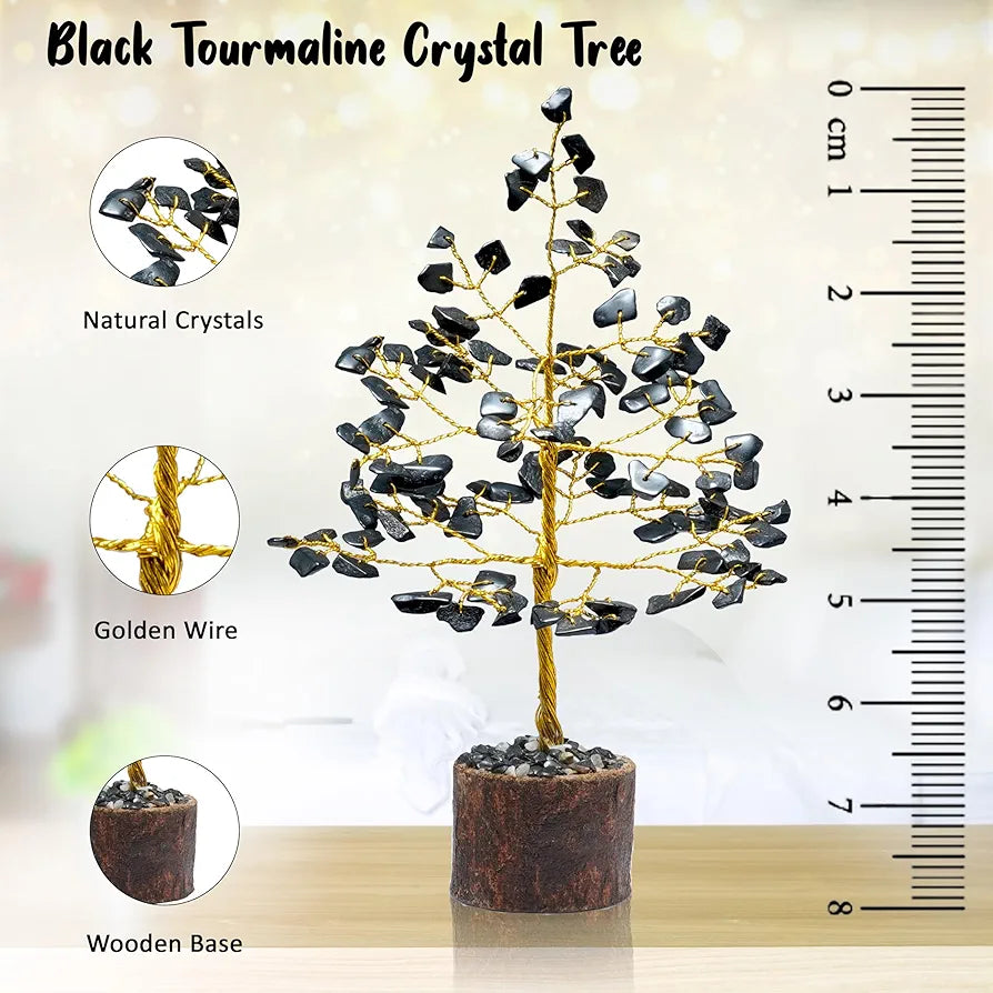 Crocon Black Tourmaline Gemstone Money Tree Feng Shui Bonsai Golden Wire