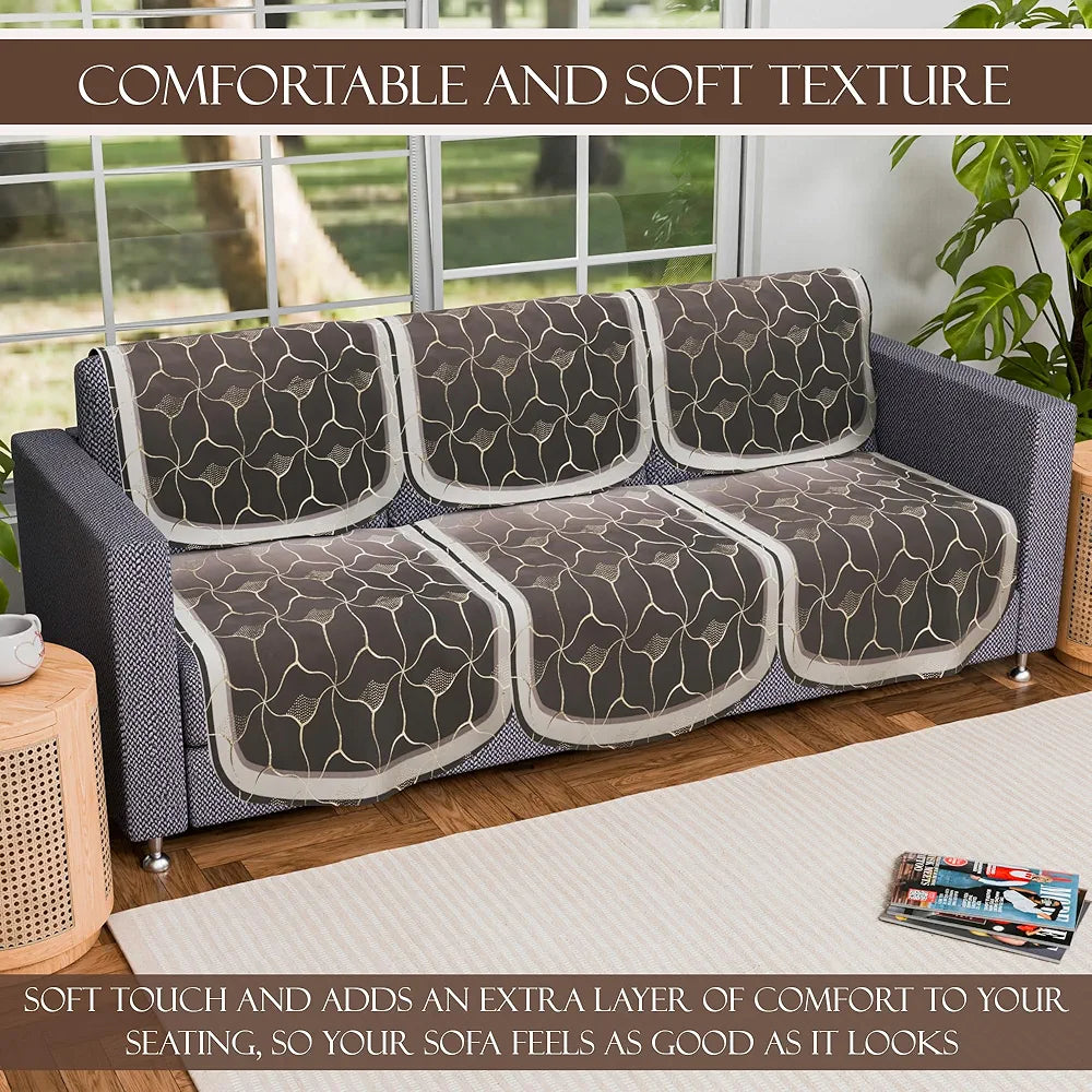 Kuber Industries Set of 6 Durable 3 Seater Sofa Cover Arabica Look Brown & Golden Foil