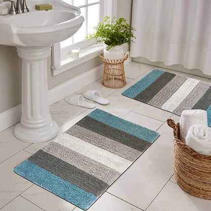 The Home Talk Cotton Stripes Bathmats Water Absorbent Runners Floor Mats Non-Slip Pack of 2  Beige Turquoise