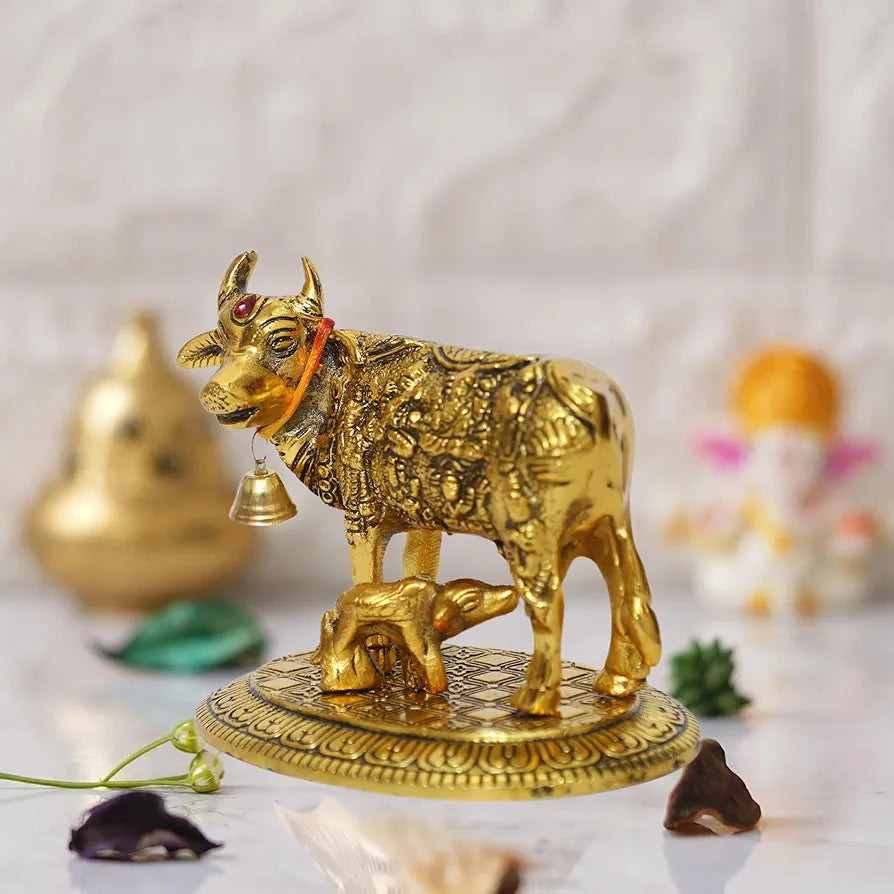 Chhariya Crafts Oxidized Metal Krishna With Religious Kamdhenu Cow With Calf Handmade Handicraft Gold