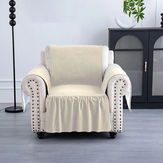 Kuber Industries Soft Velvet Quilted Single Seater Sofa Cover with Pocket Arms Frill Cream