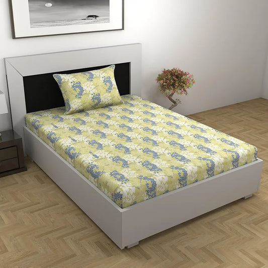 Divine Casa 144 TC 100% Cotton Bedsheet for Single Bed with 1 Pillow Cover Colour Lemon Drop