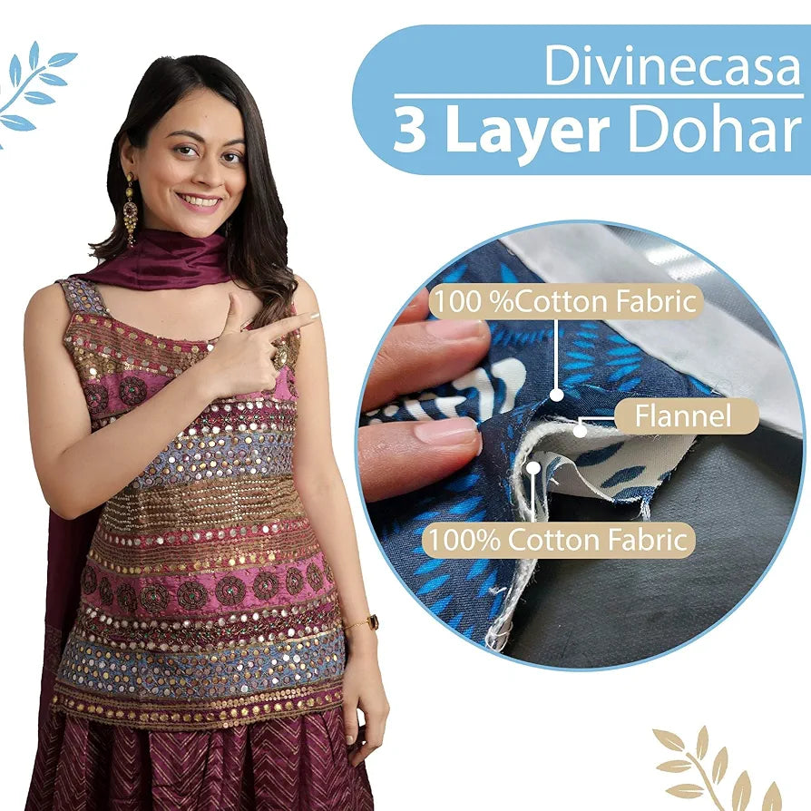 Divine Casa Glace Cotton 120 GSM Reversible Soft and Cozy Lightweight Printed Double Bed AC Dohar Blanket TC - 120 Colour Green and Turquoise Blue