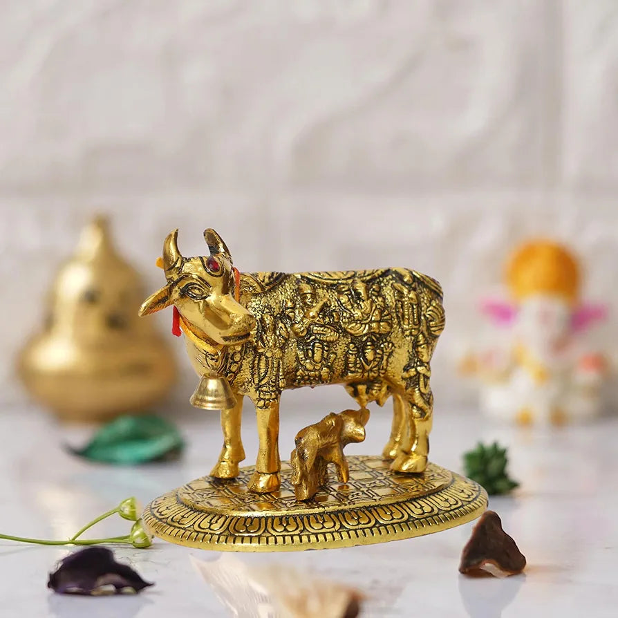 Chhariya Crafts Oxidized Metal Krishna With Religious Kamdhenu Cow With Calf Handmade Handicraft Gold