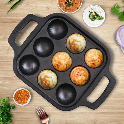 Solara Pre Seasoned Cast Iron Paniyaram Pan 9 Cavities 20 Cm Appam Patra, Paniyarakkal Pan | Cast Iron Cookware