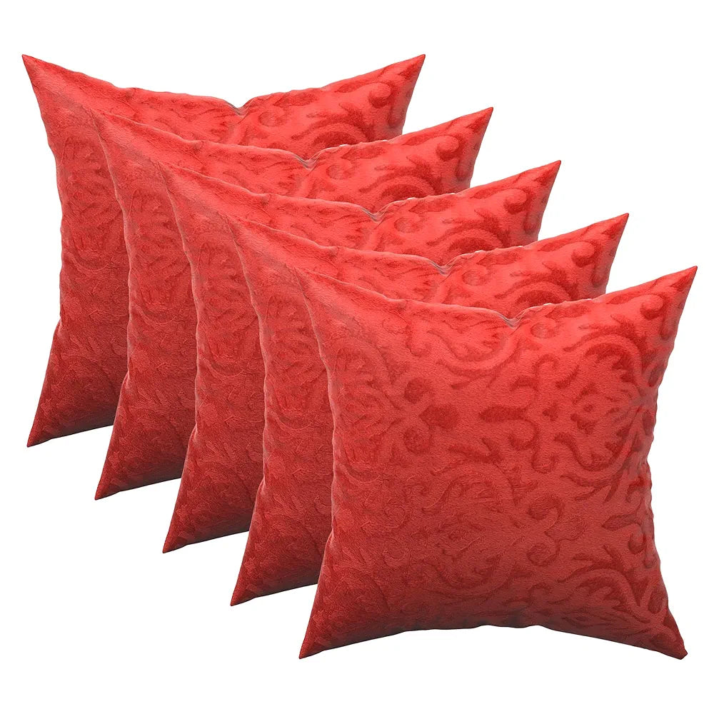 Kuber Industries Set of 5 Washable & Removable Velvet Sofa Pillow Covers with Zip Floral Design Red