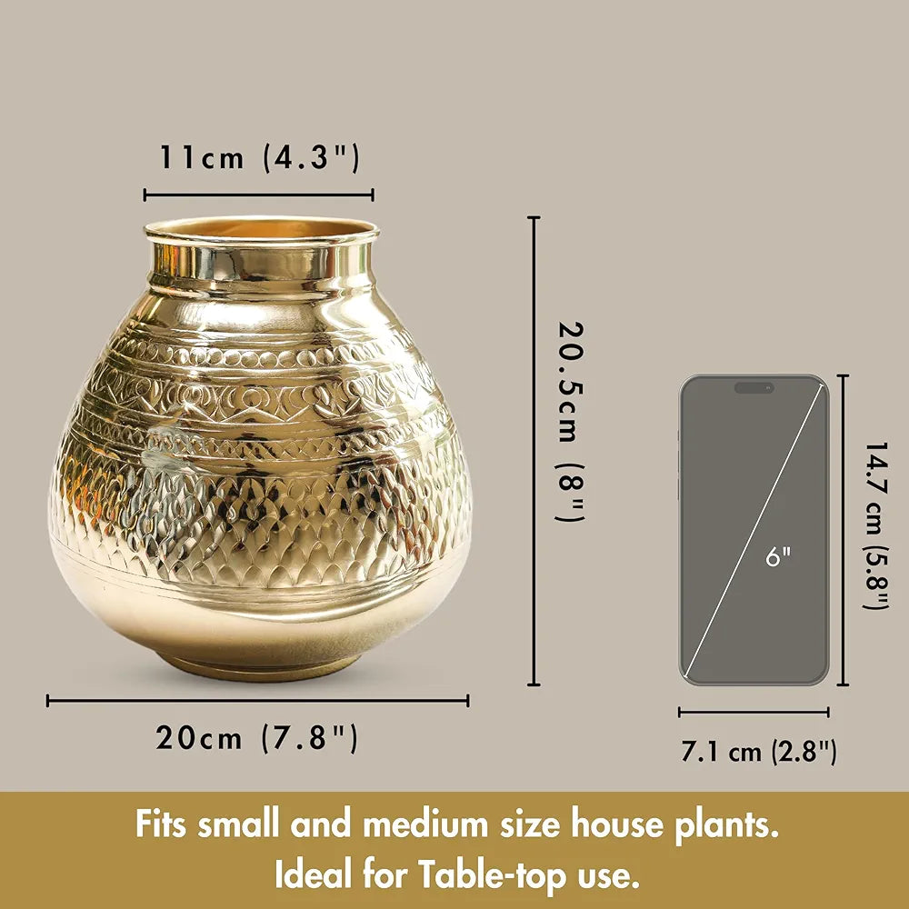 Behoma Matki Shape Metal Flower Vase Traditional Embossed Metal Flower Pot Golden Flowers not Included