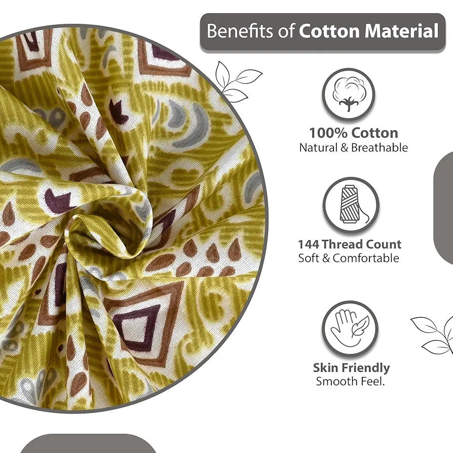 Divine Casa 144 TC 100% Pure Cotton Double Bedsheet with 2 Pillow Covers Ikat Diamond Print Colour Mustard Yellow