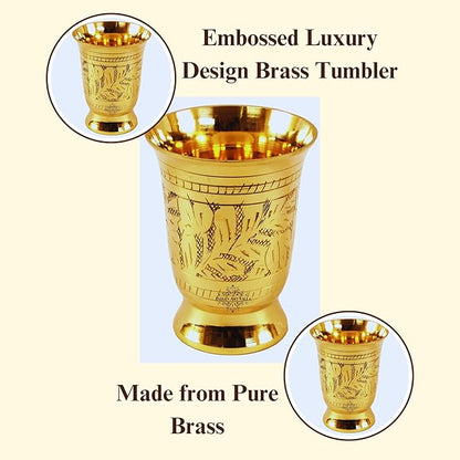 Indian Art Villa Pure Brass Glass Tumbler With Mughlai Etched Design - 215 gms