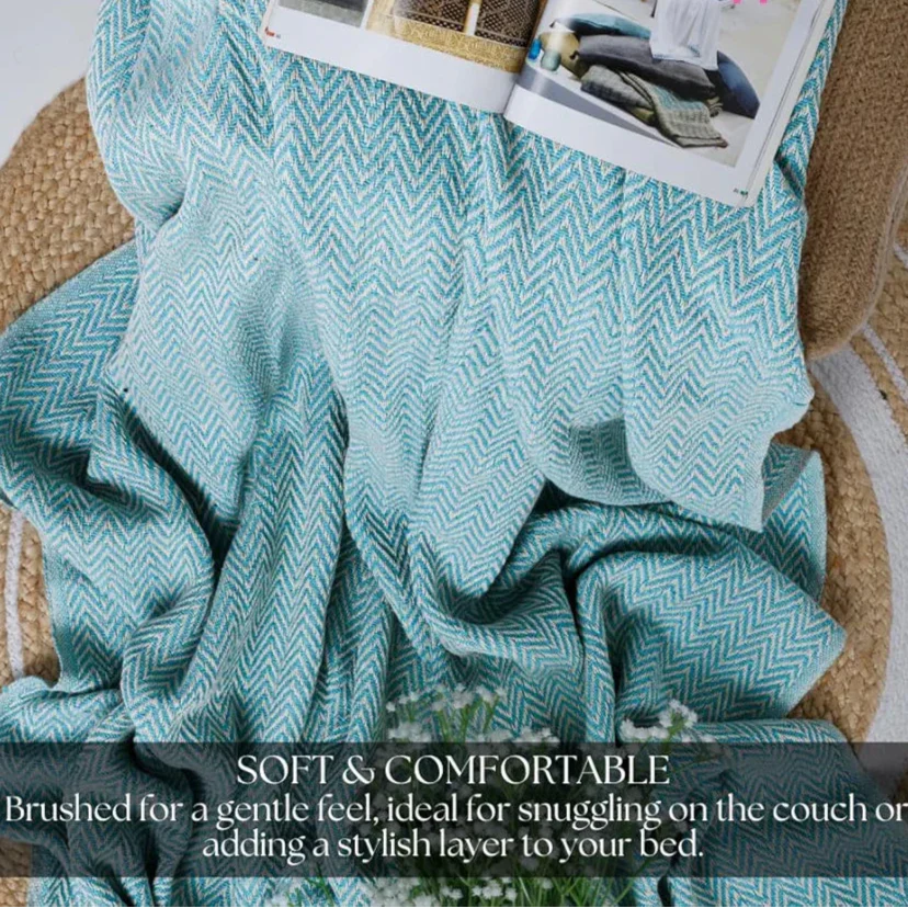 Homadorn All Season Cotton Weaved Throw Blanket Colour Aqua