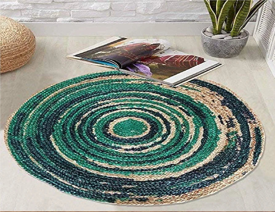 The Home Talk Natural Handcrafted Braided Round Jute Rug Traditional Carpet Blue & Green