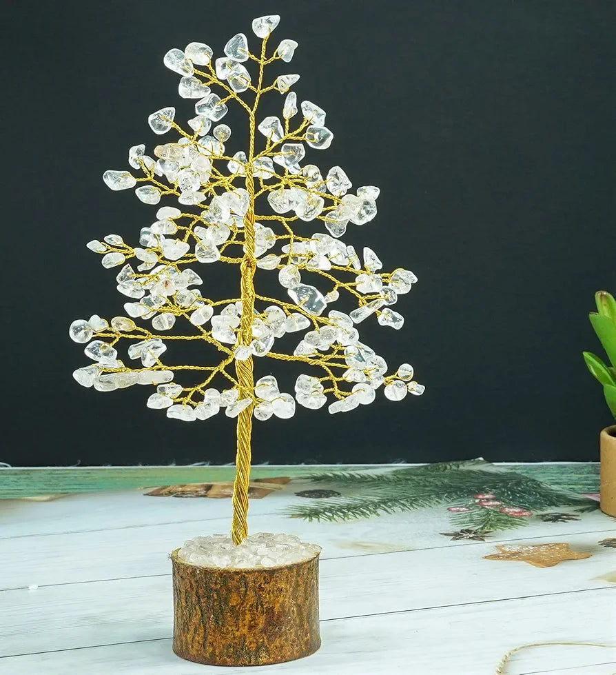 Crocon Clear Quartz Gemstone Money Tree Feng Shui Bonsai Golden Wire