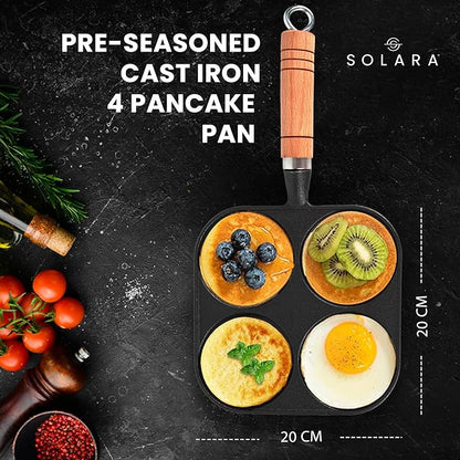 Solara Crown Stone Premium Pre-seasoned Cast Iron Uttapam Pan 4 Pit | Naturally Nonstick Toxin-free Uttappam Tawa With Wooden Handle