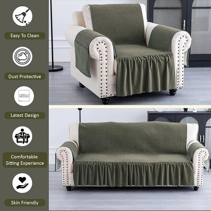 Kuber Industries Soft Velvet Quilted Single Seater Sofa Cover with Pocket Arms Frill Olive Green