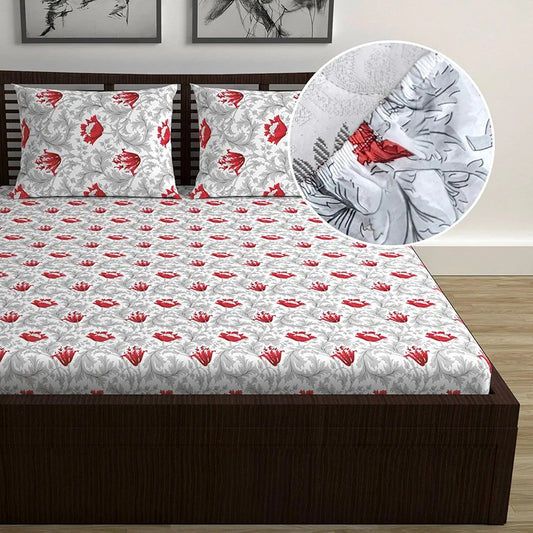 Divine Casa 144TC 100% Cotton Fitted Bedsheets Queen Size Printed Double King Bed Size Elasticated Fitted Bedspread with 2 Pillow Covers Colour Red Mist