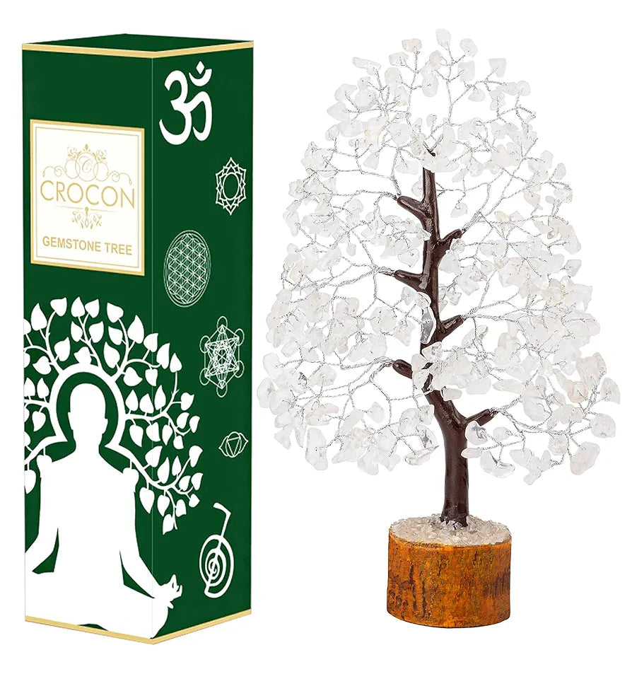 Crocon Clear Quartz Gemstone Money Tree Feng Shui Bonsai Silver Wire