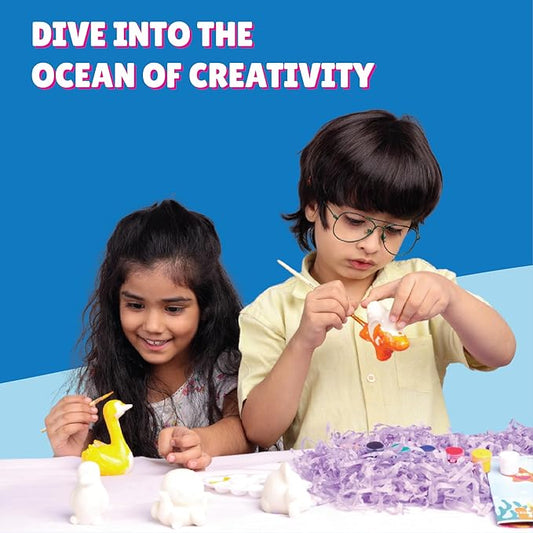 Kalakaram Paint Your Own 5 Figurines Painting Craft Kit for Kids | Sea World Theme Painting Set Diy Painting Kit for Kids