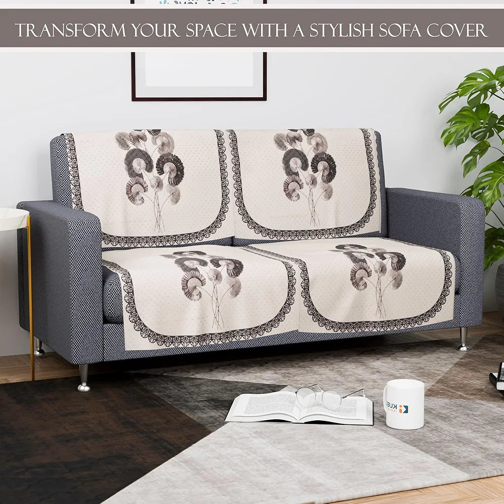 Kuber Industries Set of 6 Velvet 2+1 Seater Sofa Covers for Living Room Digital Flower-Cream & Green