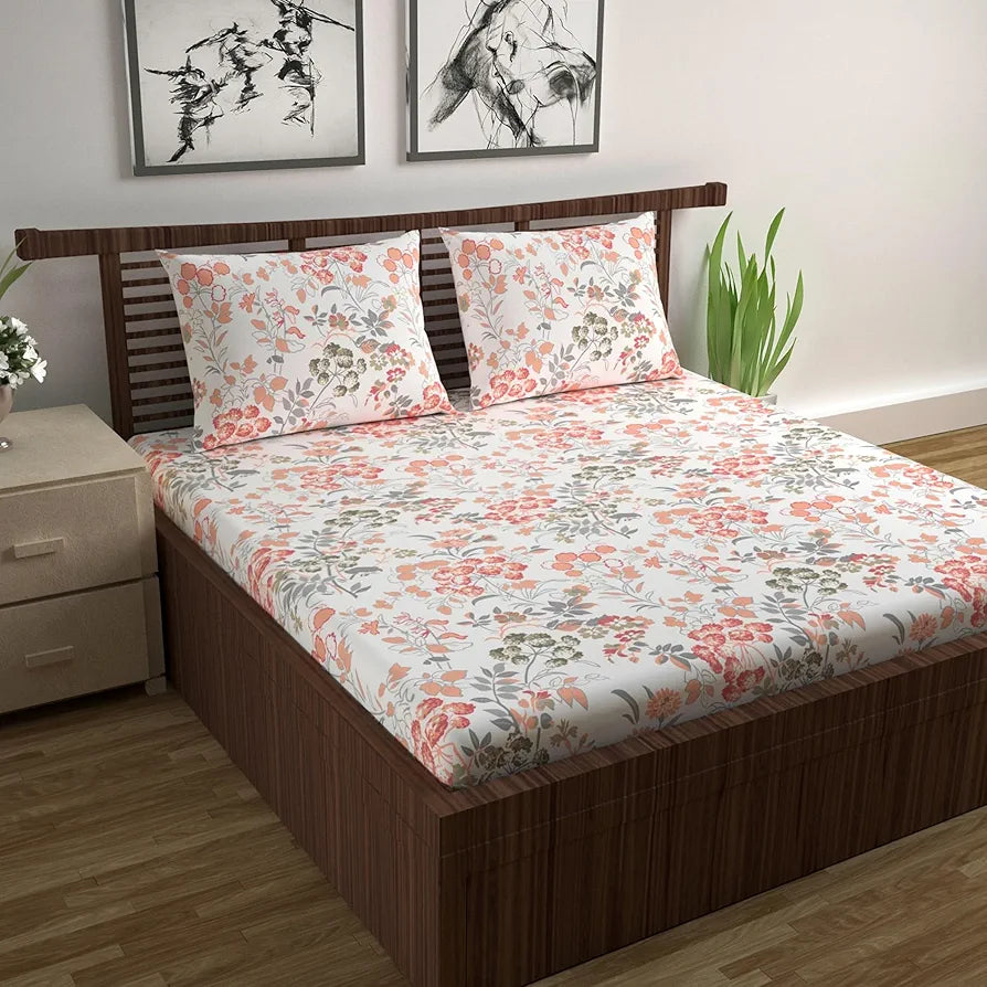 Divine Casa 144 TC 100% Cotton Bedsheet for Double Bed with 2 Pillow Cover Colour Coral Pink