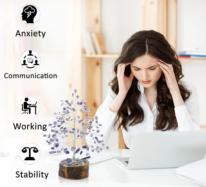 Crocon Amethyst Gemstone Money Tree Feng Shui Bonsai Silver Wire