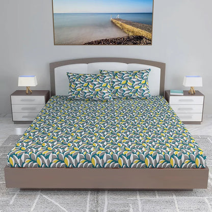 Divine Casa Floret 100% Cotton King Fitted Bedsheet 144 TC Deep Pocket Design Soft & Breathable Fabric Colour Woody Petals