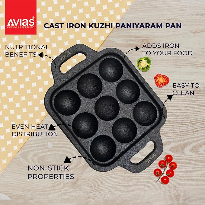 Avias Cast Iron Square Paniyaram Pan with Handle Loha Appe Maker Includes 9 Pits