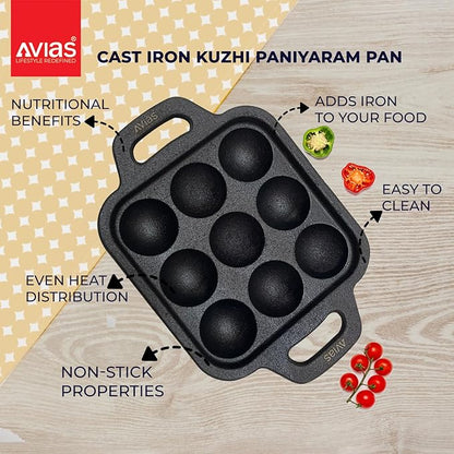Avias Cast Iron Square Paniyaram Pan with Handle Loha Appe Maker Includes 9 Pits