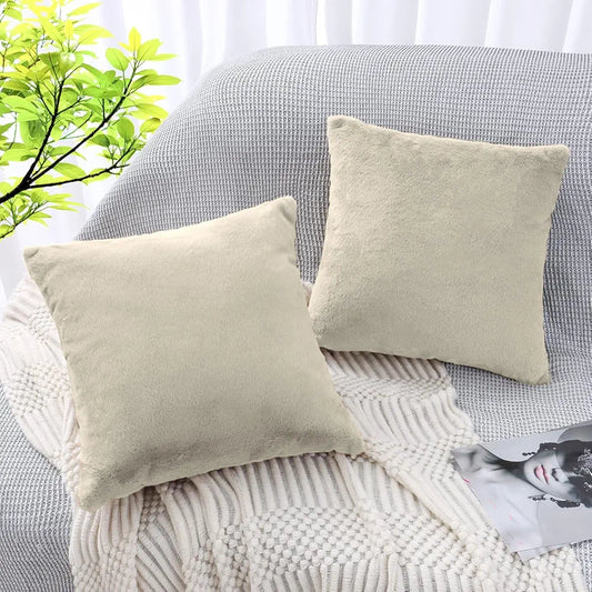 Luxe Home Cushion Cover Duble Side Rabbit Fur Plain Design Covers Set of 2 for Sofa BedColour Beige