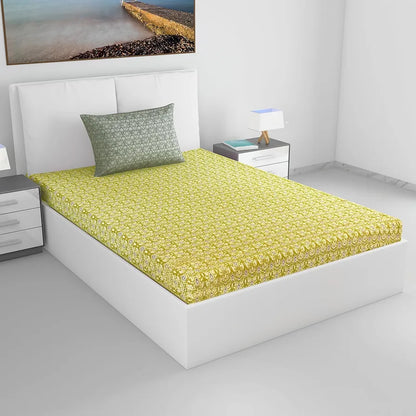 Divine Casa 144 TC 100% Pure Cotton Single Bedsheet with 1 Pillow Cover Ikat Diamond Print Colour Mustard Yellow