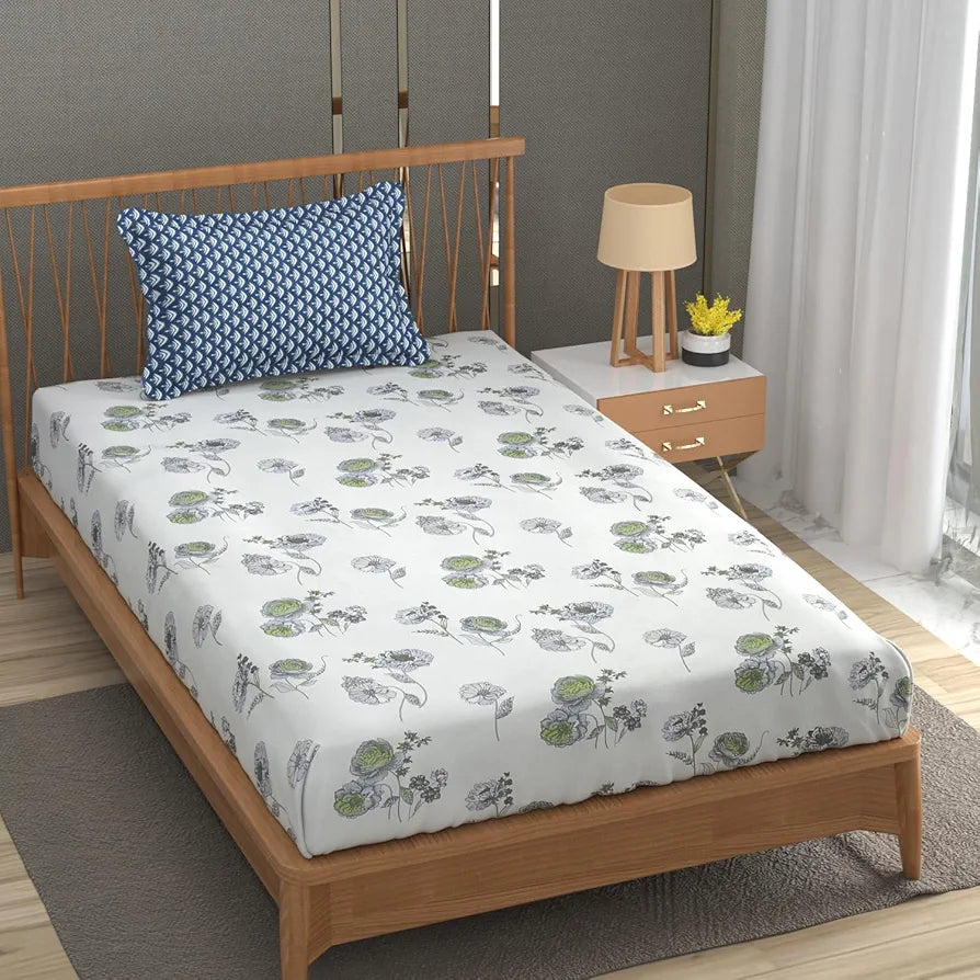 Fresh From Loom Microfiber Soft Cotton Bedsheet for Single Bed 200 TC Single Size Bed Sheet with 1 Pillow Cover White Grey