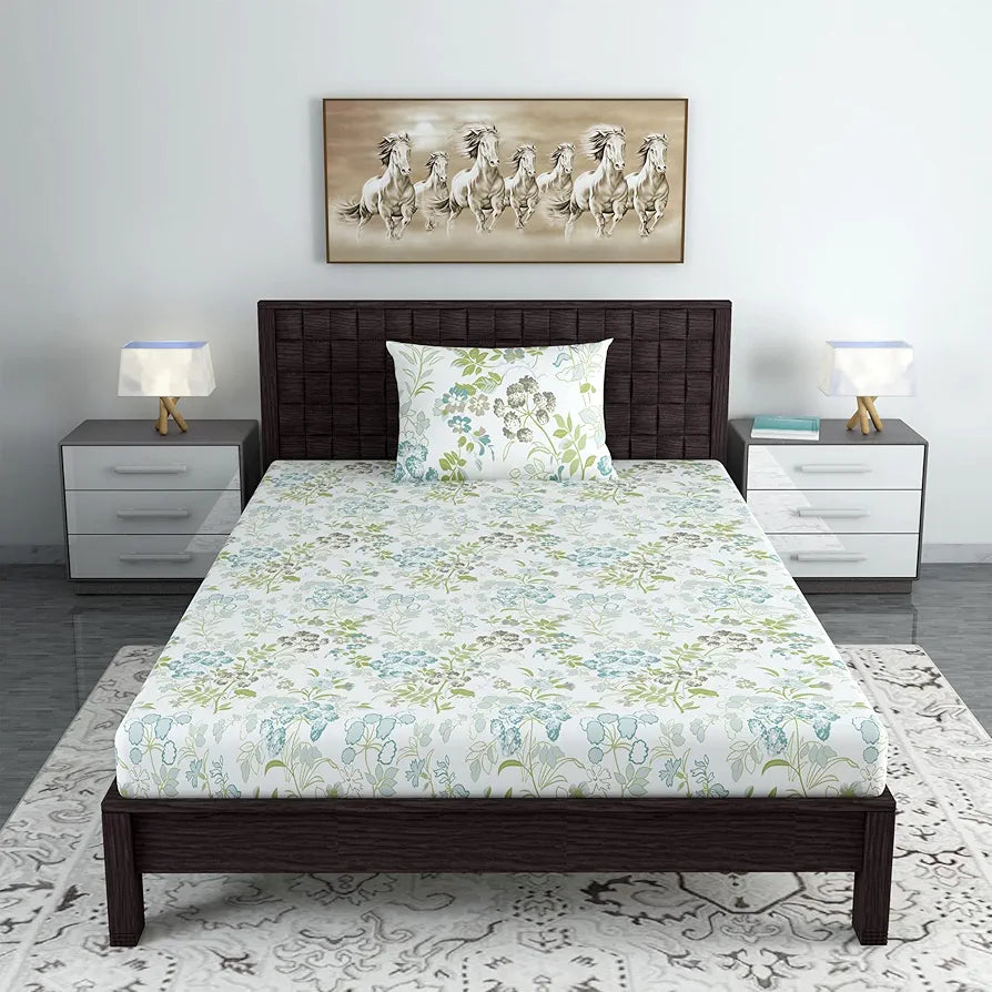 Divine Casa Bedsheet for Single Size Bed 144 TC Cotton Bedsheet for Single Size Bed with 1 Pillow Cover  Floral Colour Mint Blue