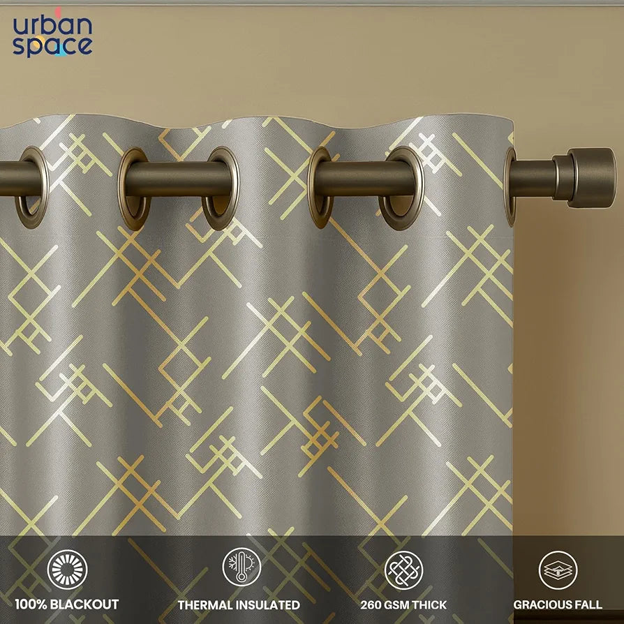 Urban Space Blackout Curtains for Living Room, Gold Foil Printed Luxurious Blackout Decorative Door Curtain Eyelet with Tieback, 1 Piece Criss Cross Ash Brown