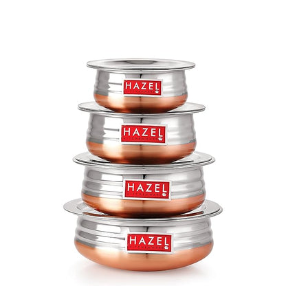 Hazel Copper Bottom Urli Handi Set with Lid Cover Stainless Steel Cookware Set Of 4 Serving Cooking