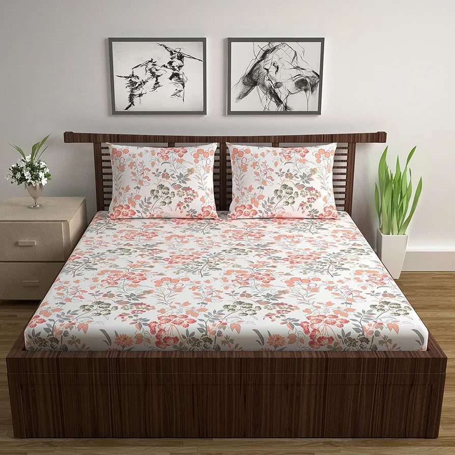 Divine Casa Double Size Bedsheet for Double Bed 144 TC Pure Cotton Queen Size with 2 Pillow Covers Floral Colour Peach Blush