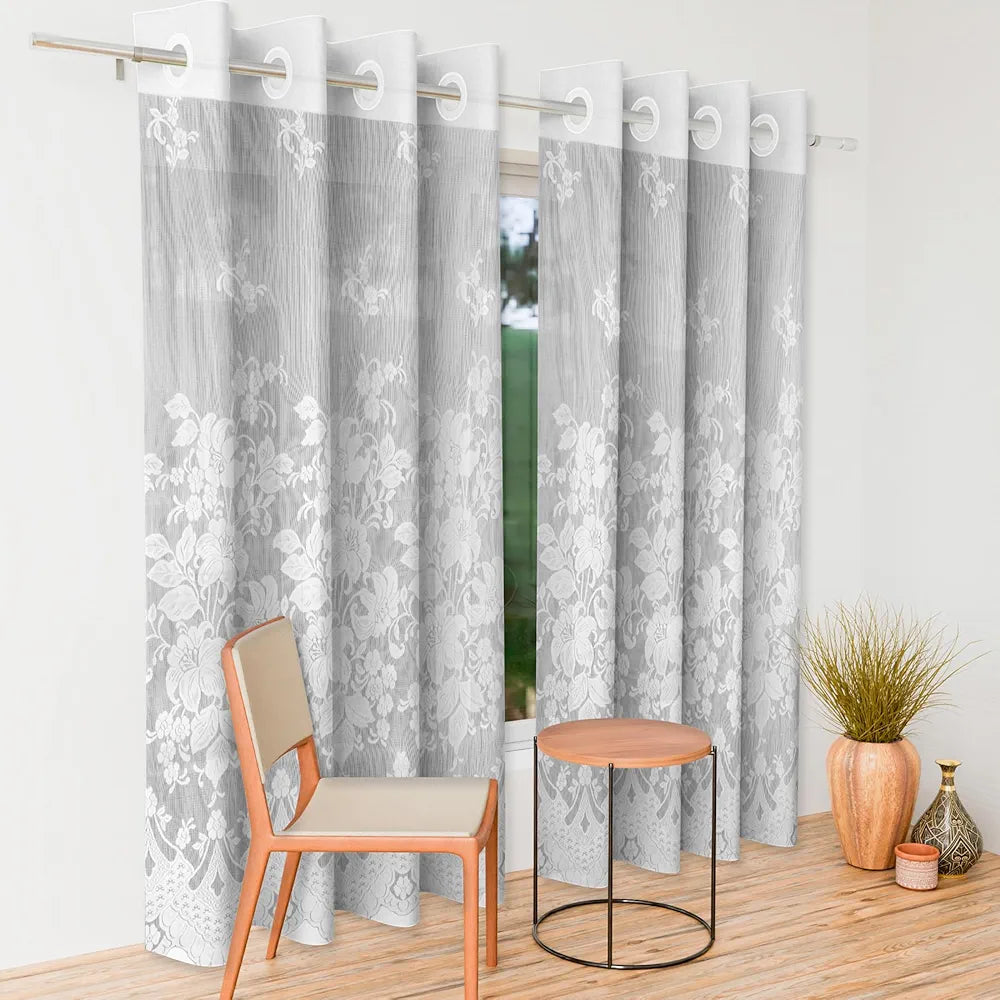 Kuber Industries Cotton Door Curtains with 8 Rings Net Frill Door Curtain SY27 White Colour