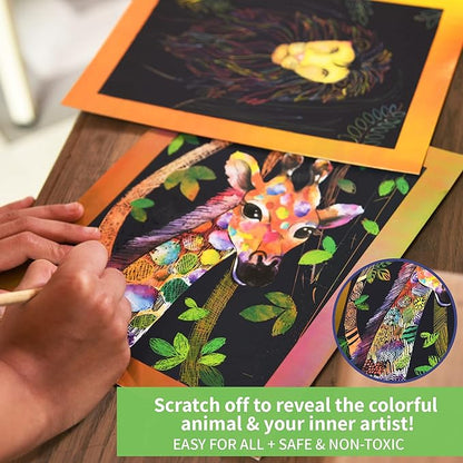 Chalk and Chuckles Animal Power Scratch Art Kit for Kids 6-12 With Stickers | Diy Activity Travel Toys for Kids