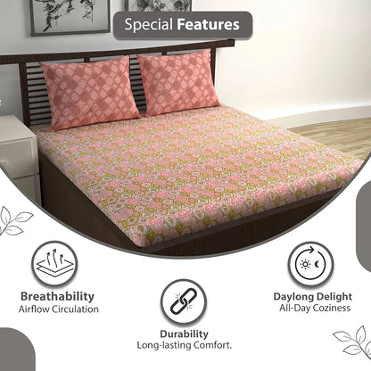 Divine Casa 144 TC Pure Cotton Double Bedsheet with 2 Pillow Covers Geo Nordic Hexa Colour Mustard Rose Pink