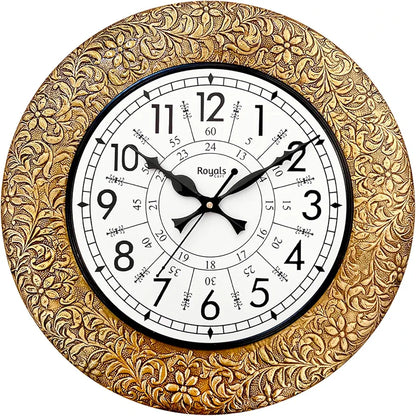 RoyalsCart Ethnic Handcrafted Decorative Wall Clock with Emboss Metal Golden Antique Wooden Wall Clock [KTWC255N] Golden Emboss Metal