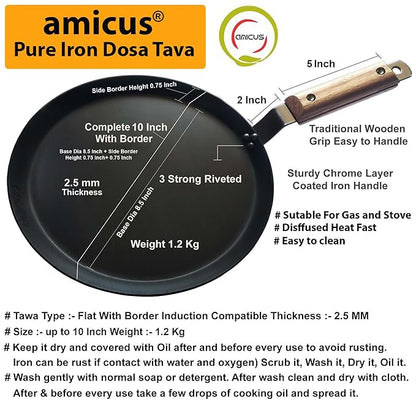 Amicus Kitchen Premium Iron Tawa For Dosa Roti Chapati Flat Iron Tava With Wooden Handle 10 Inch 1.2 Kg Black