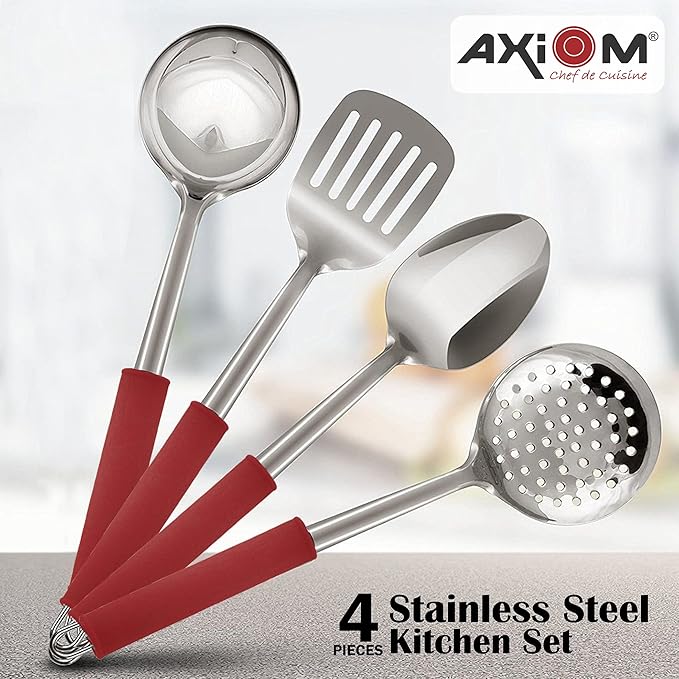 Axiom Kitchen Tools Stainless Steel Heavy Gauge With Anti Slip Silicon Grip Handle Non-Stick 4 Piece Set